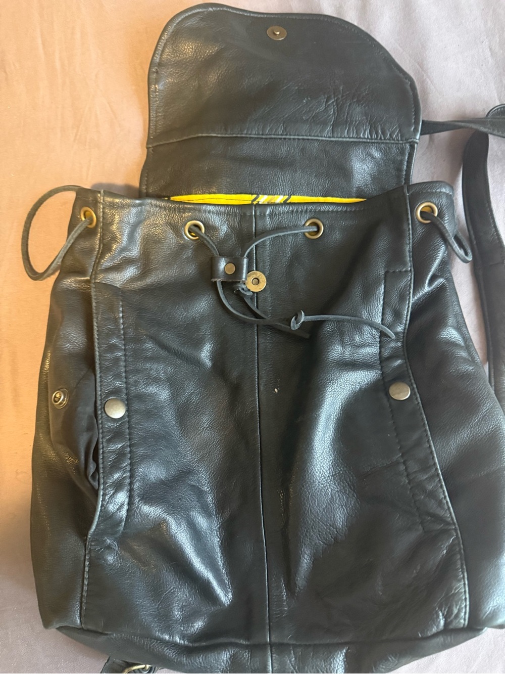 Black Leather Drawstring Backpack - CobShop